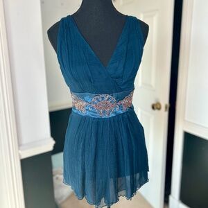 Sugar Lips Blue Crepe Blouse with a Beaded Satin Band and Tie Size M 100% Silk